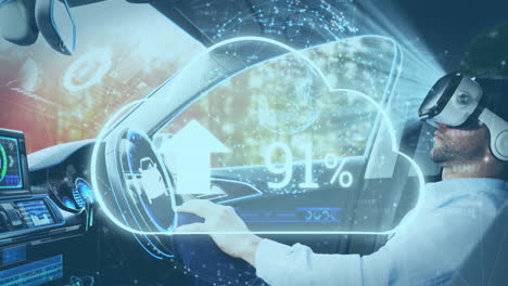 animación de pantallas de información y icono de nube con hombre en auriculares vr usando coche de conducción autónoma