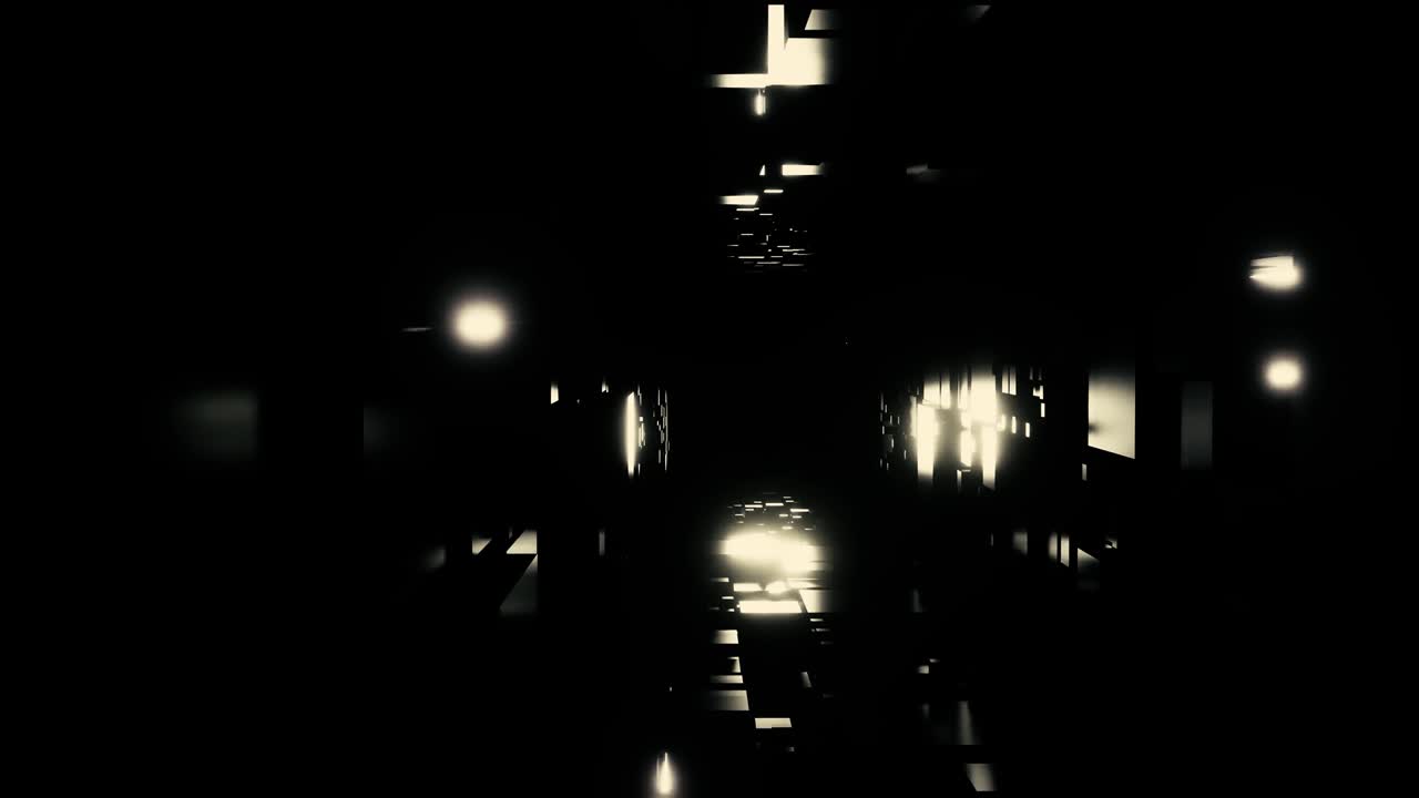 volando a través de un túnel de cubos alienígenas futuristas sombríos, bucle sin costuras. diseño. corredor interminable de diferentes cubos y rayas de luz