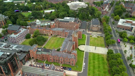 wide overhead aerial video of queen's university in belfast, northern ireland in the uk. filmed in 4k, 30fps and with rec709 color