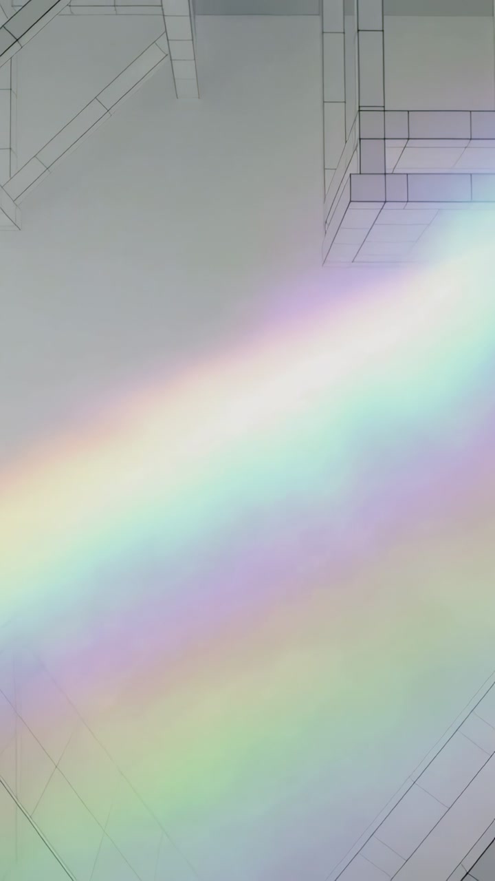 Vertical video: Moving rainbow band starting at upper-left sweeping across ceiling blurring panels