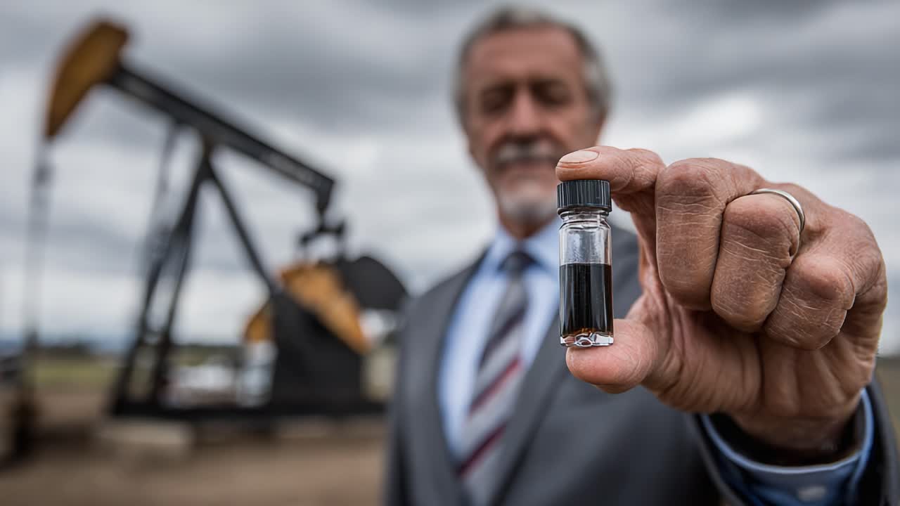 A confident professional presents a vial of crude oil against the backdrop of an oil pump jack, highlighting the energy industry's focus on fossil fuels and innovation