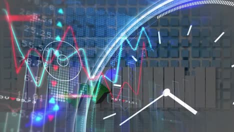 Animación-Del-Reloj,-Estadísticas-Y-Procesamiento-De-Datos-Financieros-Sobre-El-Mapa-Mundial