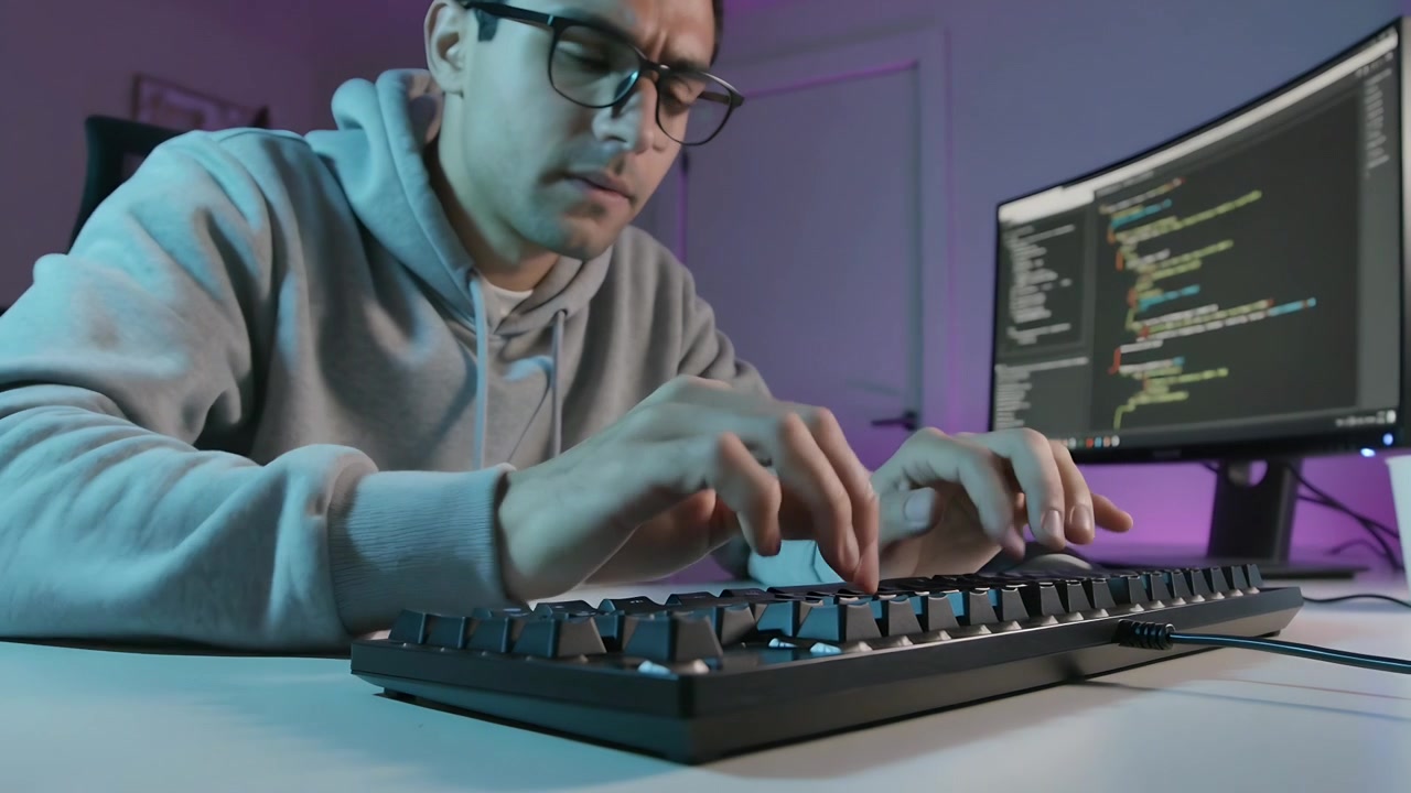 Leaning forward coder wearing hoodie coding at home desk with glasses by mechanical keyboard