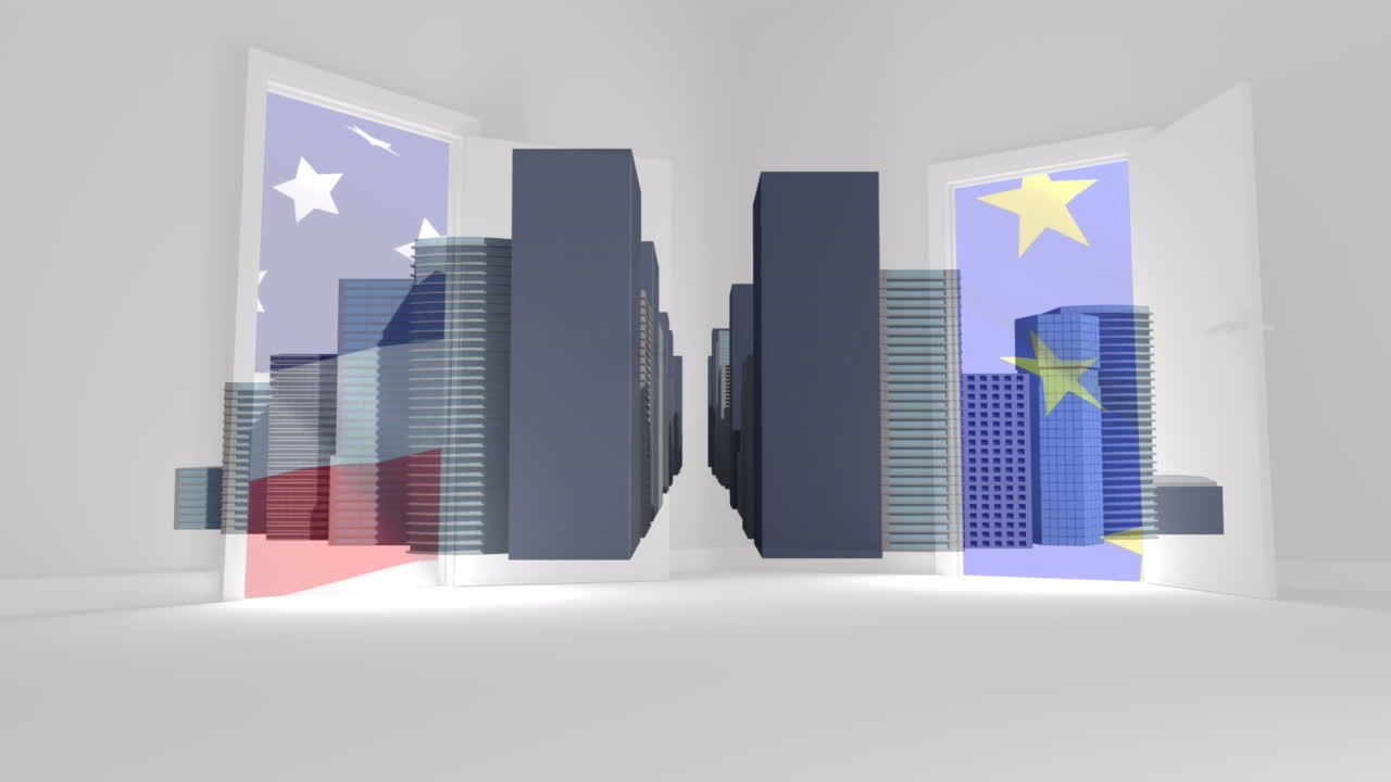 Animazione di bandiera UE su paesaggio urbano