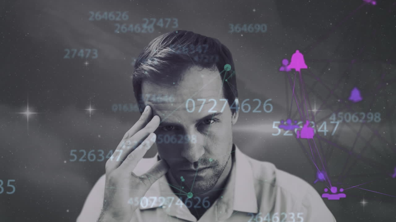 múltiples números cambiando sobre el hombre estresado contra el globo de la red de conexiones