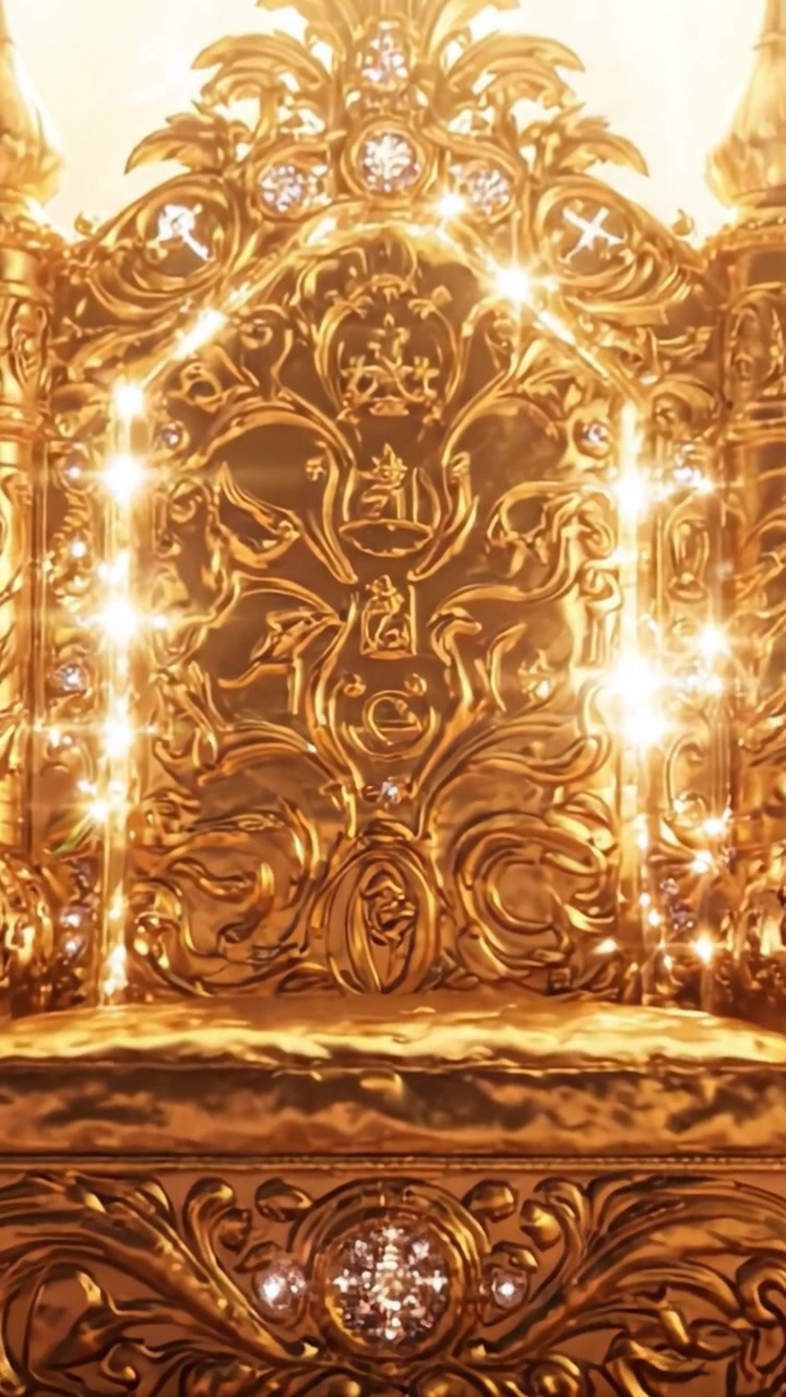 Un maestoso trono dorato circondato da nuvole eteree illuminate da una luce radiosa, che simboleggia potere, maestà e regalità in un regno onirico.