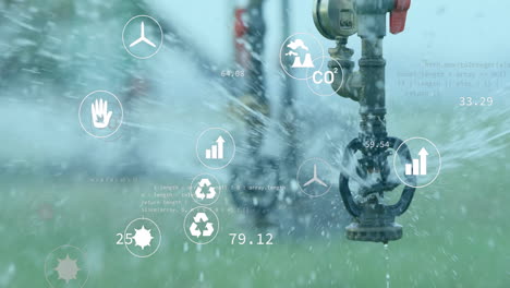 operating water sprinkler with sustainability icons and environmental data overlay