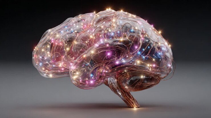 Struttura cerebrale illuminata con luci scintillanti che rappresentano l'attività neurale e le connessioni in un'interpretazione artistica futuristica