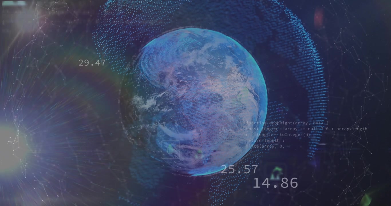 Animation of digital shapes and financial data digital globe over black background