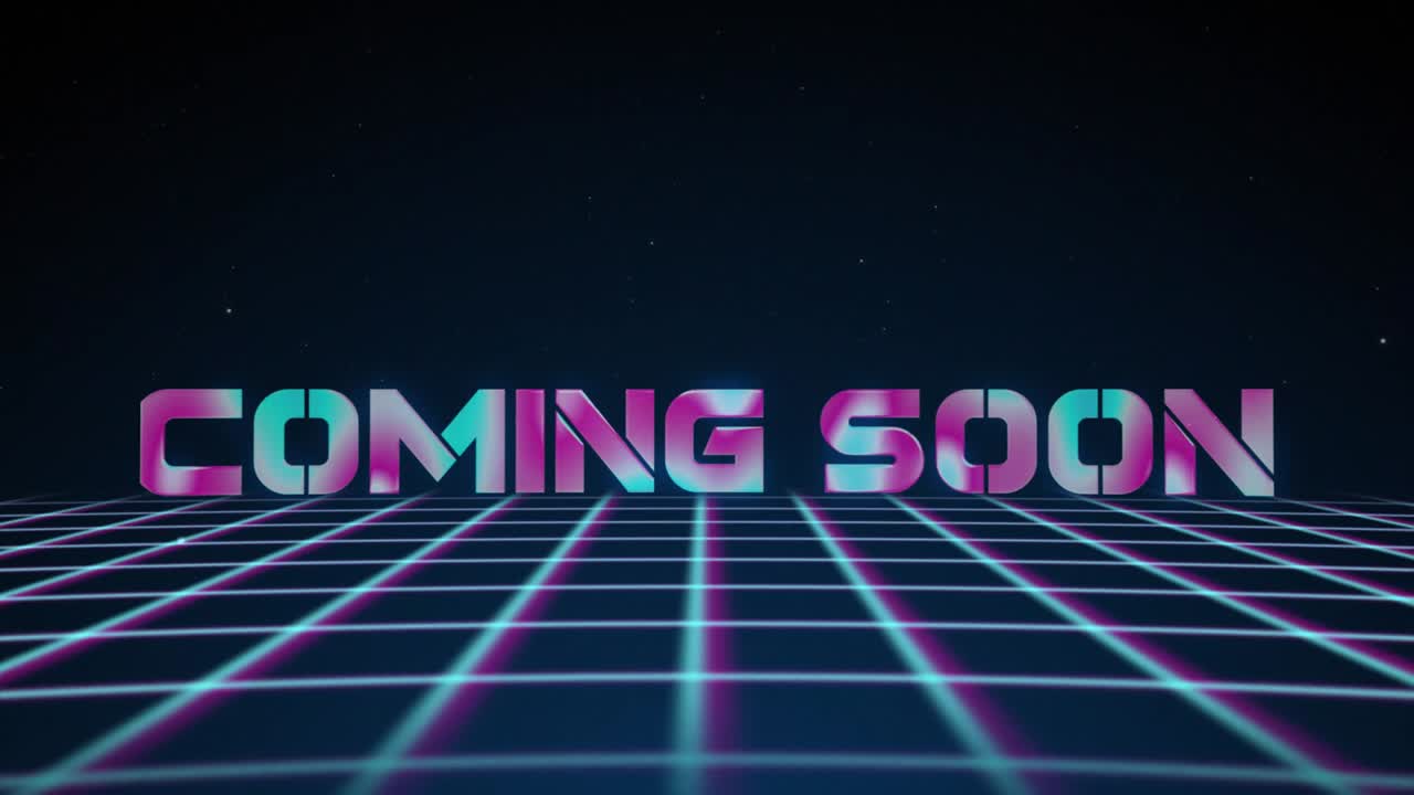 Rete wireframe synthwave anni '80 con testo "PROSSIMAMENTE". Sfondo retro-futuristico. Illustrazione 3D renderizzata in loop continuo. 4K