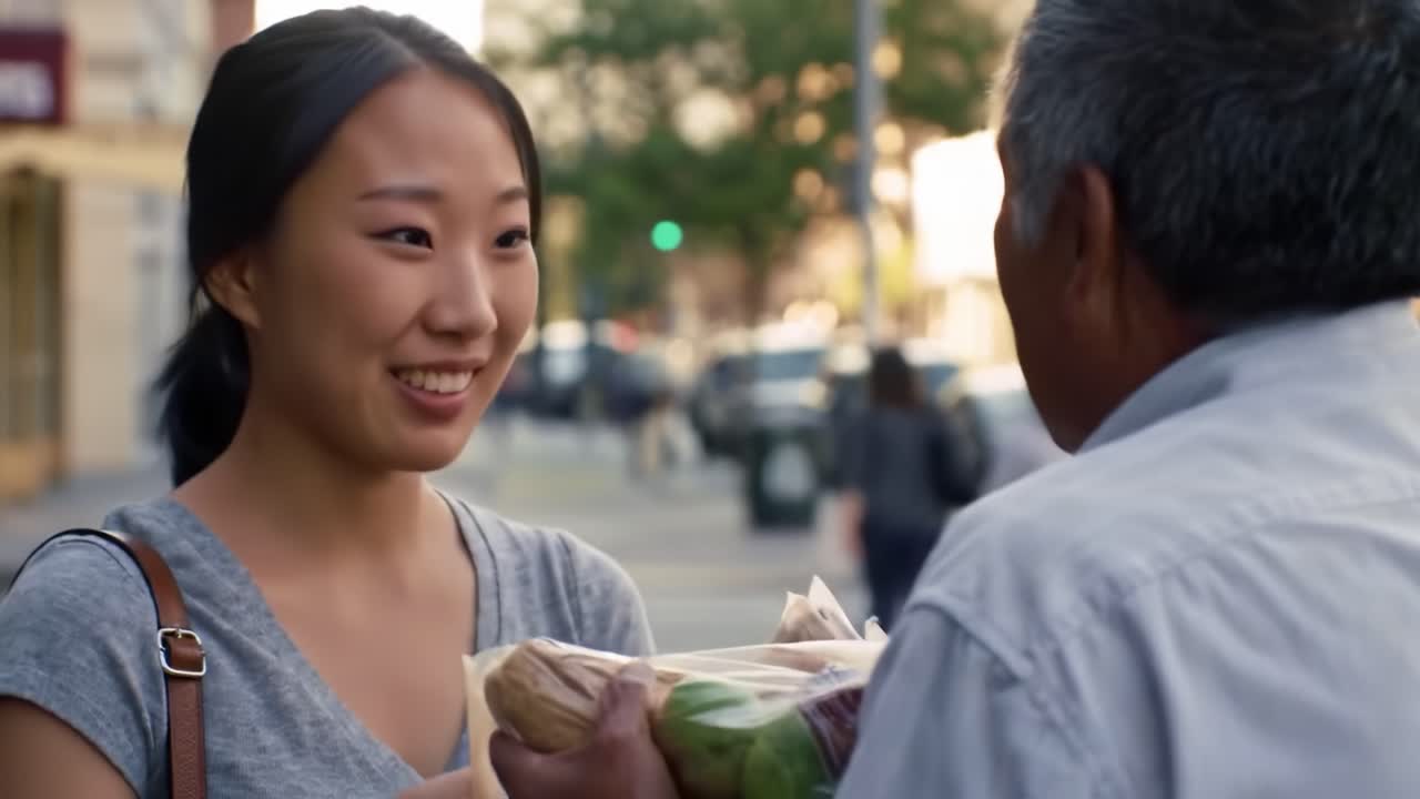A young woman engages in a warm exchange with an older man while receiving fresh vegetables on a bustling city street. The interaction highlights community connection and sharing.