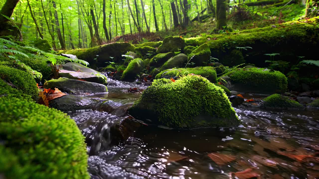 Video vanuit een laag standpunt van een serene bosbeek met met mos bedekte rotsen en weelderig groen
