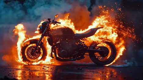 a motorcycle is engulfed by flames on a dark background