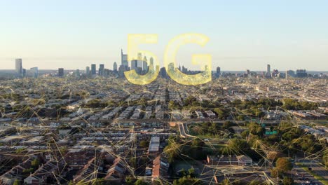 aerial above city with wireless 5g connectivity