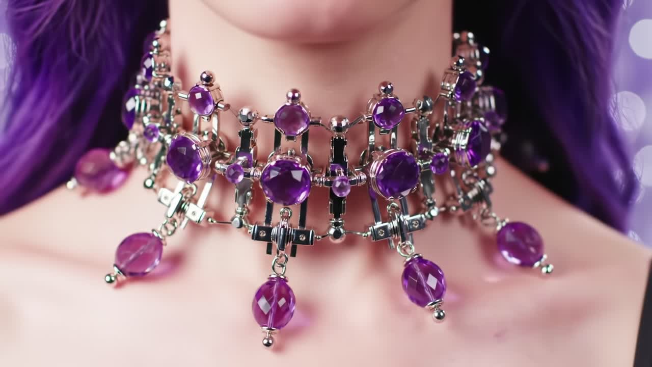 A Stunning Close-Up of a Decorative Choker Necklace with Brilliant Purple Gems and Intricate Silver Detail, Showcasing Unique Jewelry Design and Style