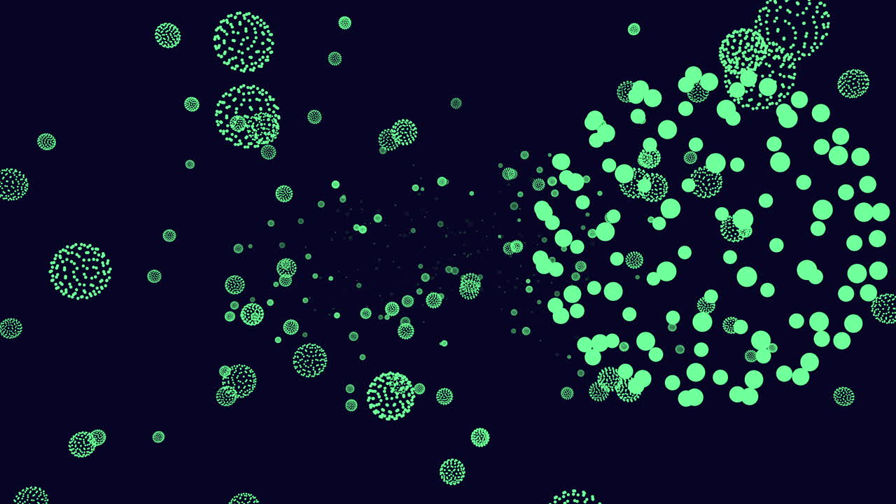 Circular pattern of floating circles on a black background, forming an intricate design. The circles are arranged in a circular formation, creating a mesmerizing visual effect