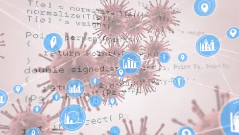 network of digital icons and data processing against multiple covid-19 cells floating