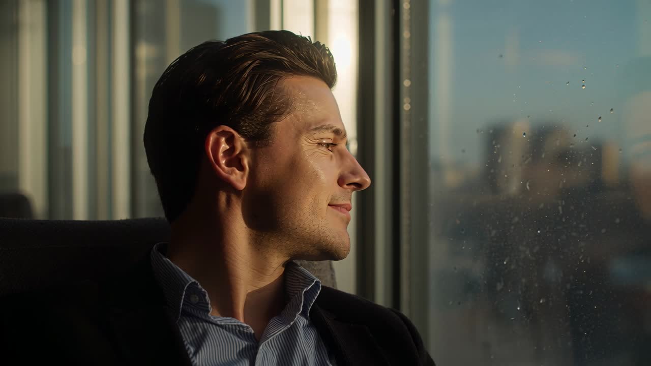 Turning man in cushioned chair in blue shirt, blazer tilting head toward highrise window with drops