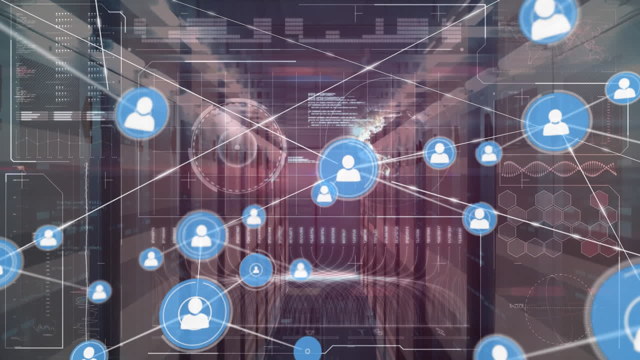 Animation of network of connections and data processing over computer servers