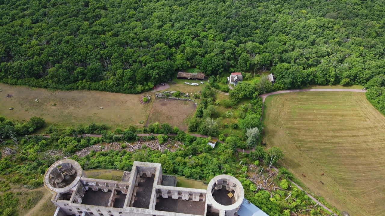 vista superior de las paredes desnudas y los interiores del castillo de borgholm en medio del campo boscoso en borgholm, öland, suecia - disparo de drones