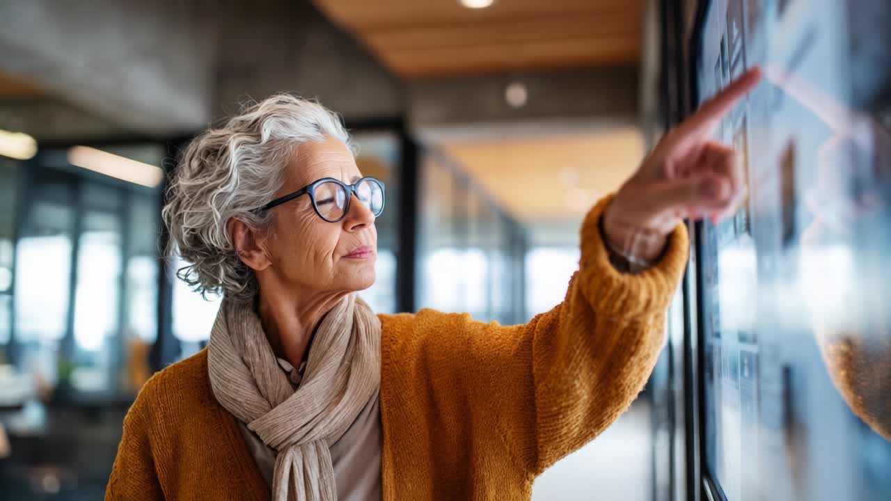 An insightful senior woman engages with information displayed on a digital screen in a modern office environment, showcasing her curiosity and eagerness to learn and contribute in a collaborative space