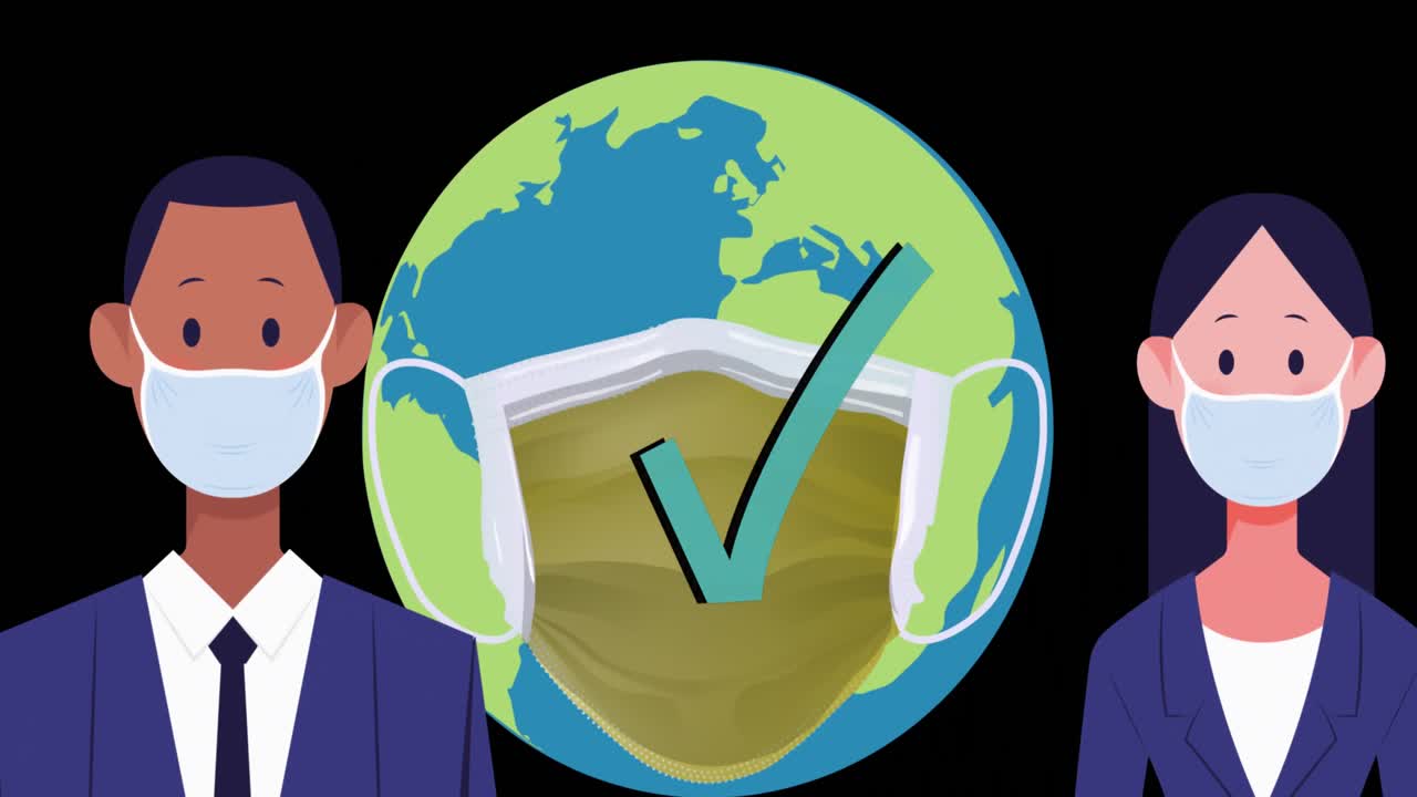 얼굴 마스크를 착용한 사람들의 애니메이션과 얼굴 마스크를 착용한 세계인의 애니메이션