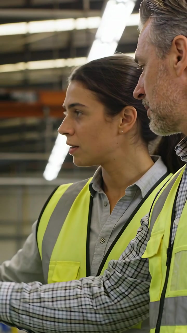 Vertical video: Spotting panel, pointing female lead explaining at plant, man listening with vests
