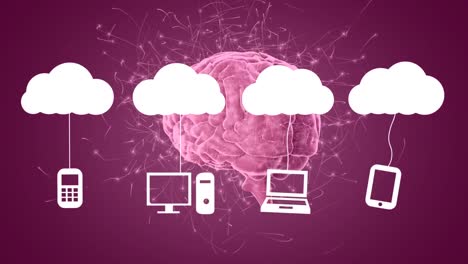 animación de nubes con dispositivos tecnológicos sobre el cerebro giratorio con conexiones neuronales