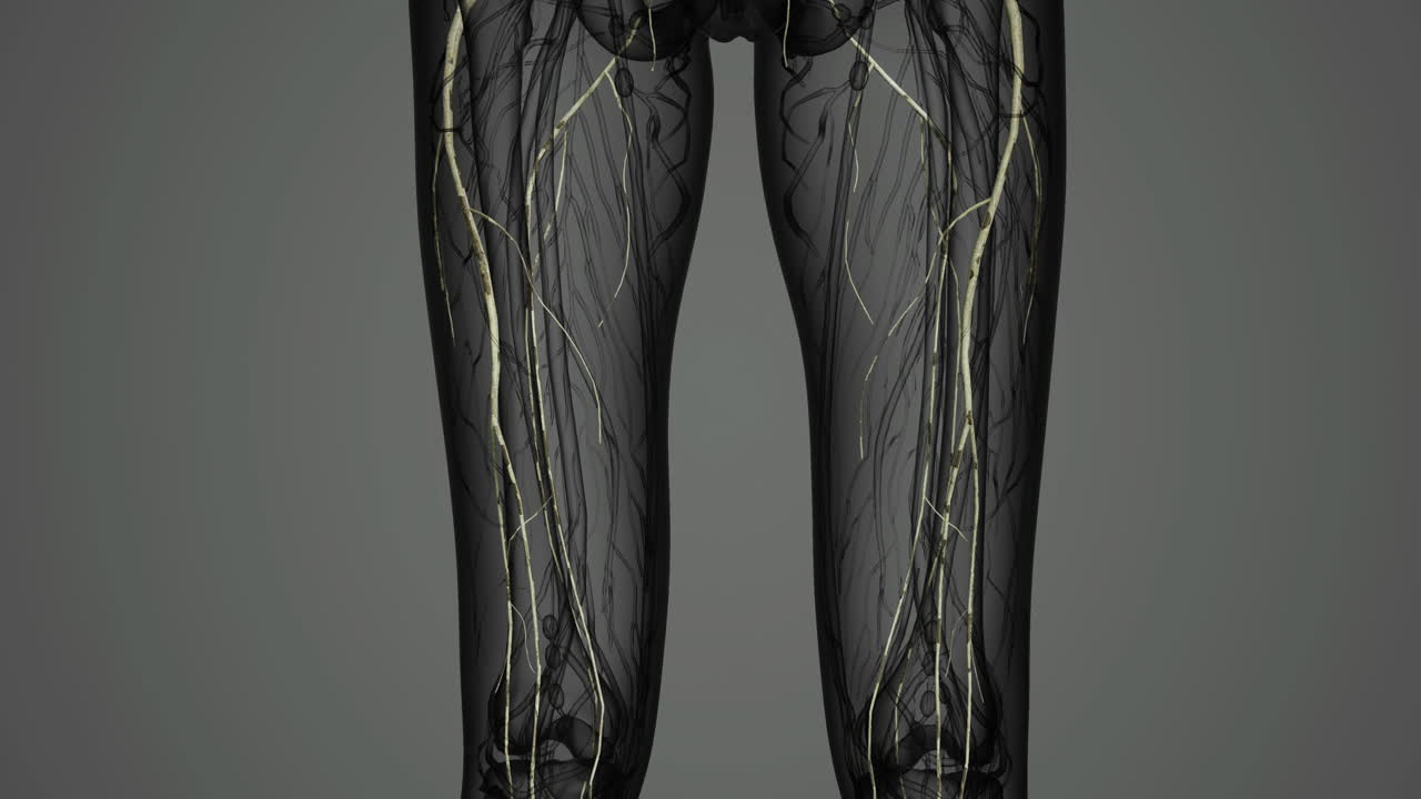 Detailed visualization of the human nervous system focusing on leg anatomy
