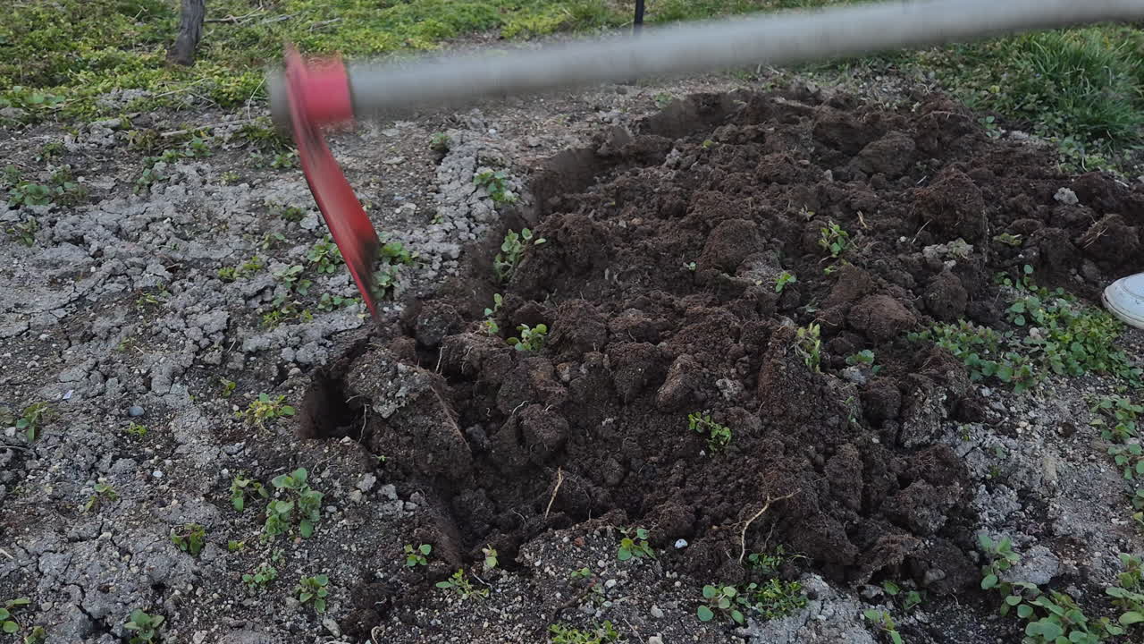 Primo piano di una persona che zappa il terreno in giardino con una vanga
