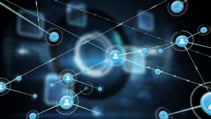 Animation of network of connections with icons over shapes on black background
