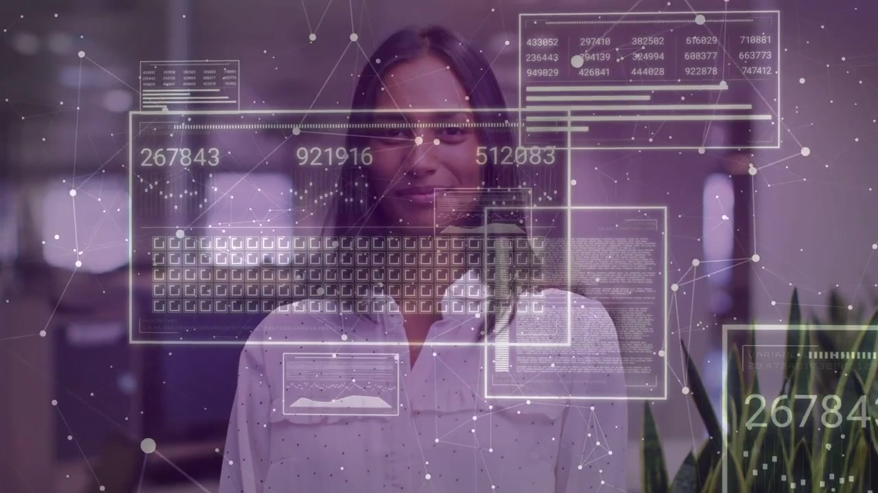 Woman standing, HUD panels emerging over torso, showing business metrics and eliciting smile