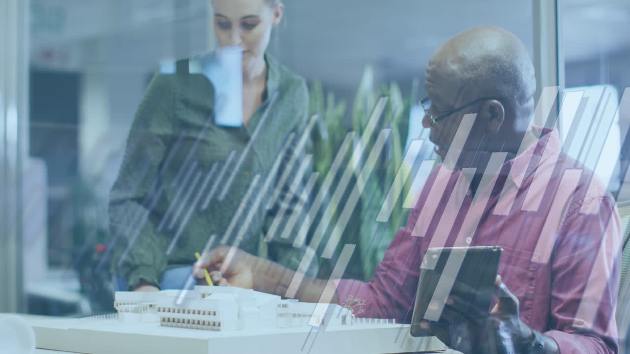 Animation of financial data processing over diverse business people in office