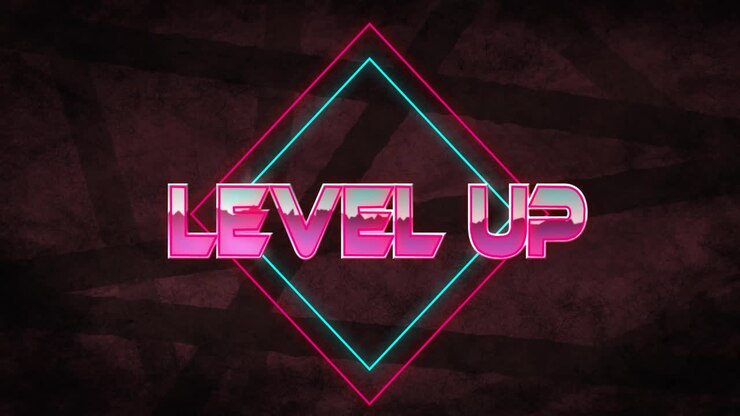 Animazione del testo 'level up' su linee nere.