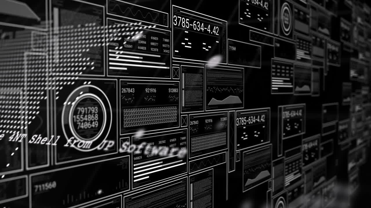 Displaying graphs and numbers, digital data panels in futuristic animation interface