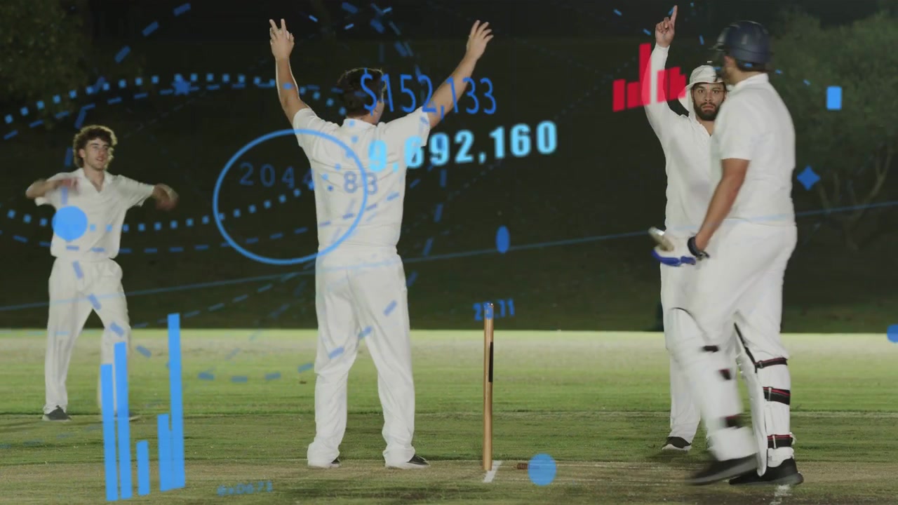Bowler bowling, sparking sports team appealing for wicket and batter walking off, charts over stum