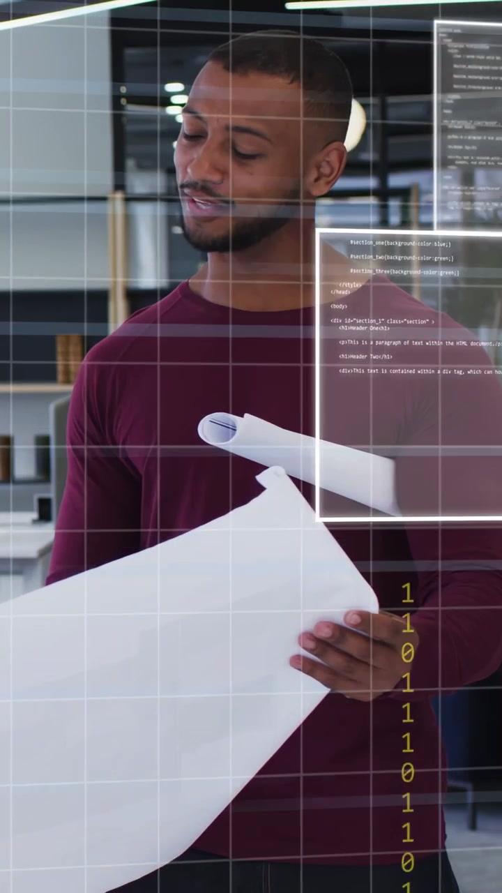 Vertical video: Architect responding offscreen, scanning plans, rotating sheet and approving via AR