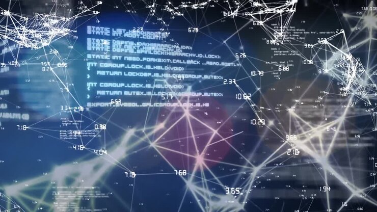 Animation of constellations and data processing over blue and black background