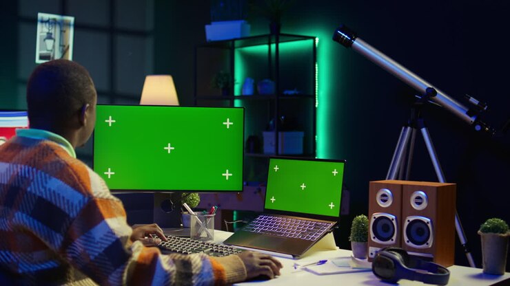 Uomo che lavora alla scrivania con computer e portatile con schermi verdi