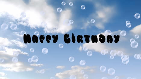 happy birthday written on blue sky background with bubbles
