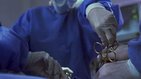 primer plano de cirujanos multiétnicos realizando una cirugía en el quirófano del hospital
