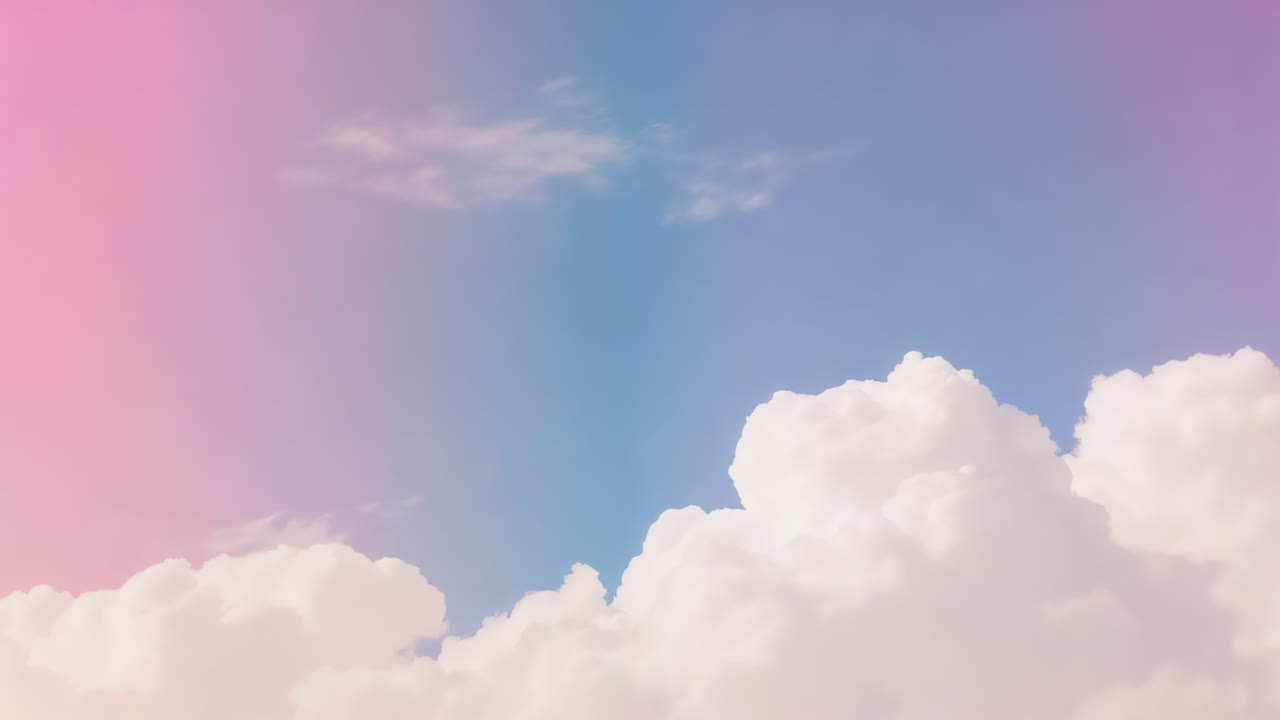 Shifting cumulus cloud bank drifting right in stylized sky, color grading softening pink overlay