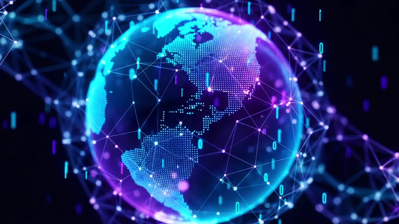 Stunning Digital Visualization of Earth Surrounded by a Network of Data Points and Connections Representing Global Connectivity and the Information Age