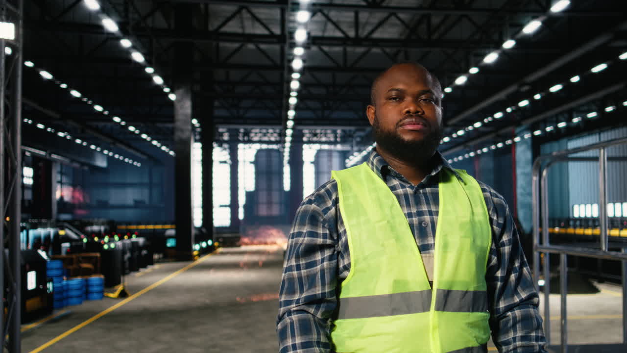 Black engineer at a worksite monitoring machinery automation