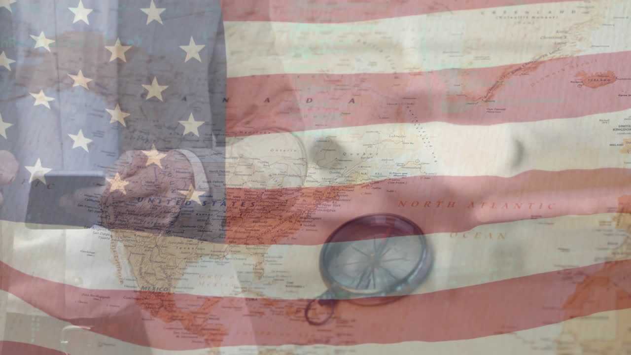 스마트폰 을 사용 하는 사람 위 에 미국 국기 를 흔들고 있는 애니메이션