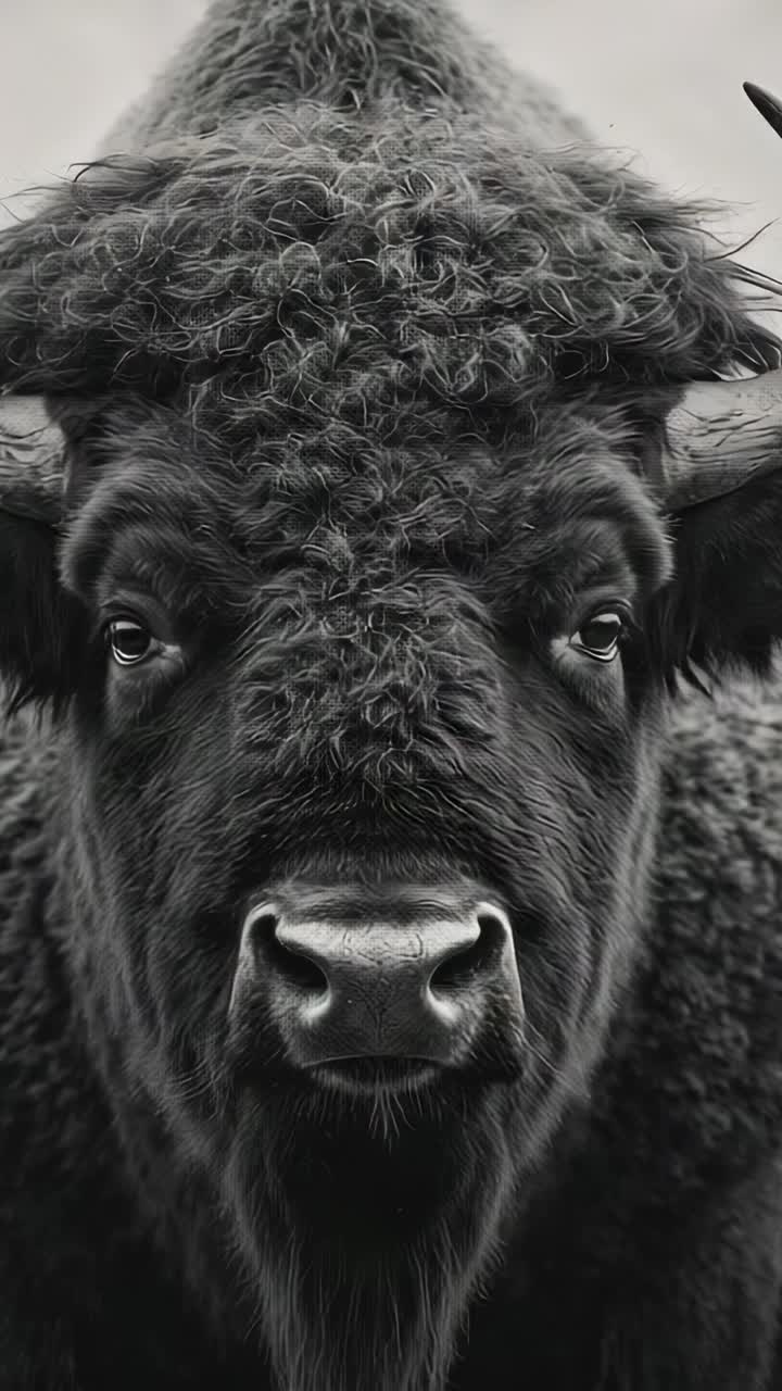 Vertical video: Recording bison head eyeing camera, staring and breathing in grass, showing horns