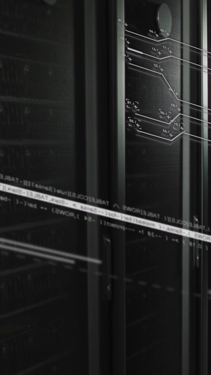 Animation of screens with programming language and numbers moving over data server racks