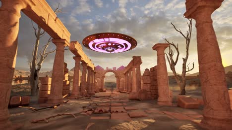 un ovni proyectando luces coloridas, flotando sobre las ruinas de antiguos templos en el desierto al atardecer, con un alienígena de pie ocioso al final del templo y mirando, animación 3d, cámara zoom en