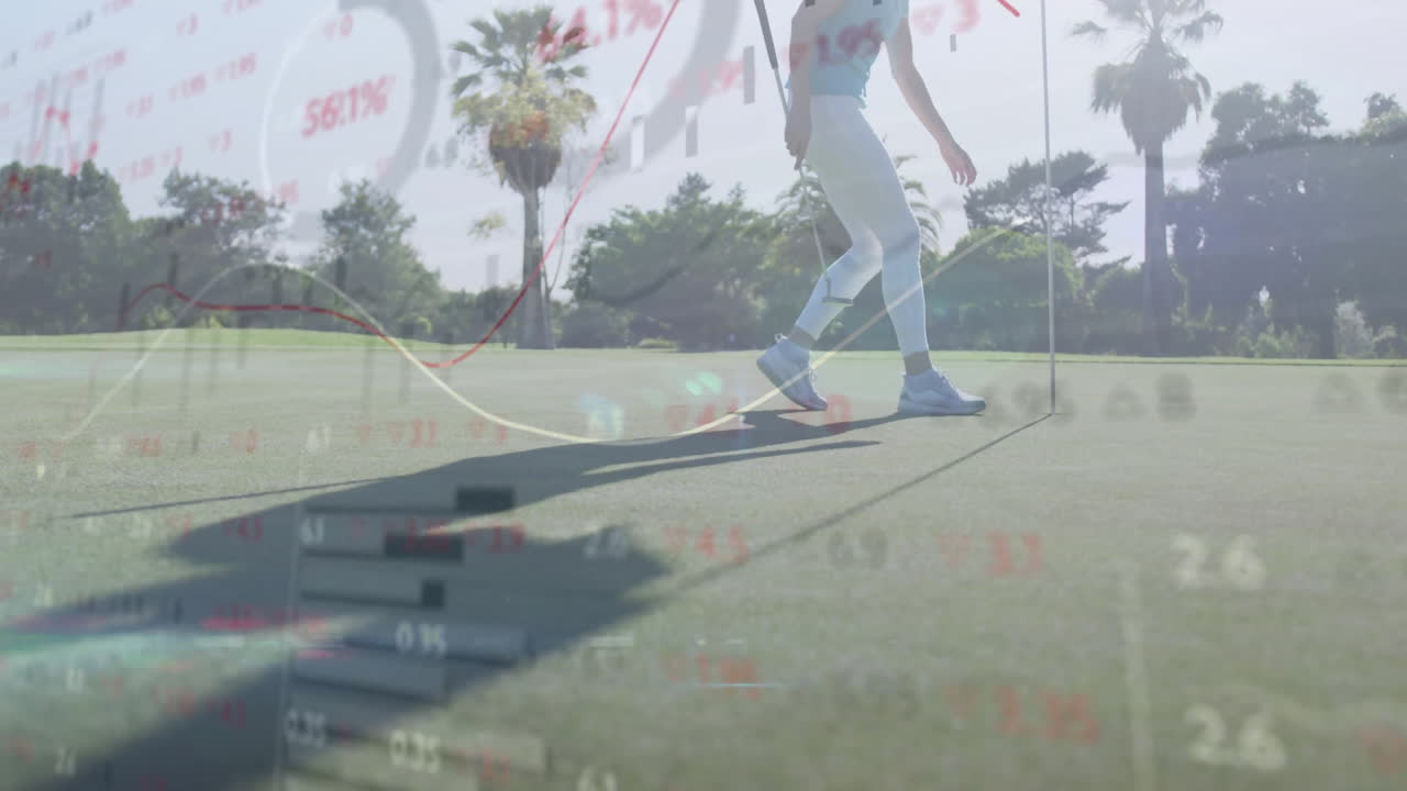 female golfer bending to retrieve ball near flagstick on golf course, overlaying financial charts