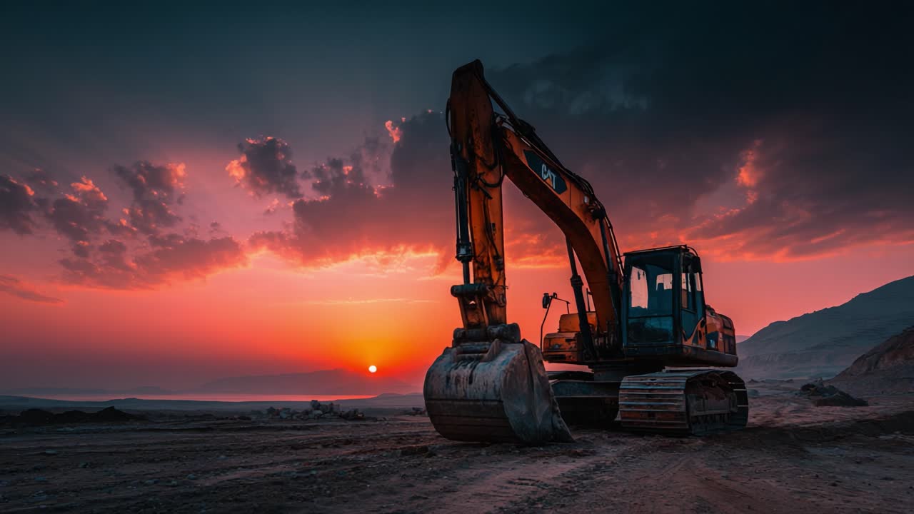 Large Excavator Against Breathtaking Sunset Sky: The Majestic Blend of Industrial Power and Natural Beauty at Dusk